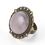 Natural Mixed Gemstone Adjustable Rings, with Iron Finger Ring Components Alloy Cabochon Bezel Settings, Half Round/Dome