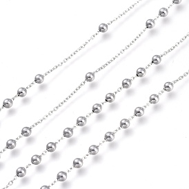 304 Stainless Steel Cable Chains, with Round Beads, Soldered, with Spool