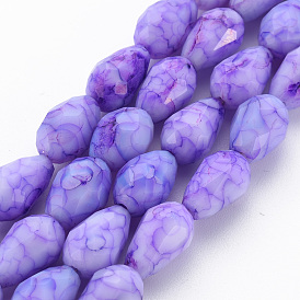 Opaque Baking Paint Crackle Glass Beads Strands, Teardrop, Faceted