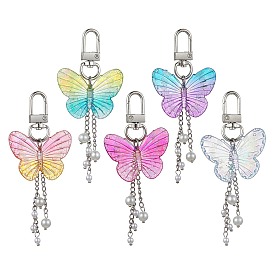 Acrylic Butterfly Pendant Decorations, with Glass Imitation Pearl Beads and Alloy Swivel Clasps