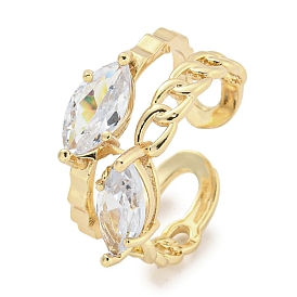 Brass Micro Pave Cubic Zirconia Cuff Rings, Horse Eye Open Rings for Women, Long-Lasting Plated