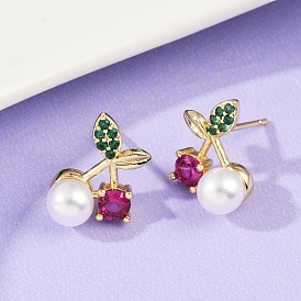 Серьги-гвоздики из вишневой латуни с микропаве из кубических цирконий, с абс пластмассовой имитационной жемчужиной, стойки покрытие, долговечный, без свинца и без кадмия
