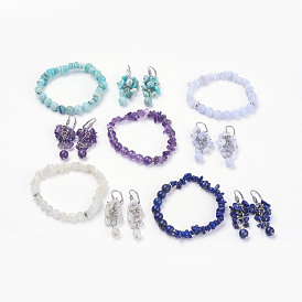 Ensembles de bijoux de pierre gemme naturelle, bracelets extensibles et boucles d'oreilles à levier, Avec des sachets de serrure sacs à cordes