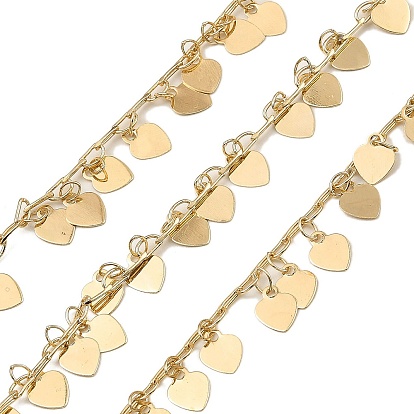 Rack Plating Brass Link Chains, with Heart Charms, Long-Lasting Plated, Soldered, with Spool