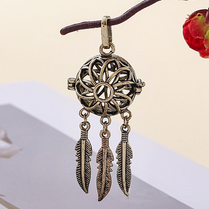 Brass Hollow Bead Cage Pendants, Woven Net/Web with Feather Charm, for Chime Ball Pendant Necklaces Making