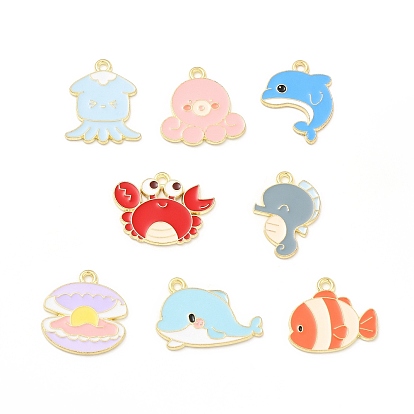 Sea Animal Alloy Enamel Pendants, Light Gold, Whale/Cuttlefish/Sea Horse/Dolphin/Octopus/Fish/Crab/Shell Charm