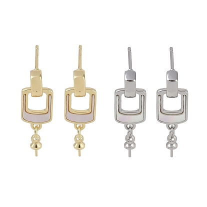 Brass with Shell Stud Earring Findings, with 925 Sterling Silver Pin, Cadmium Free & Nickel Free & Lead Free, Rectangle