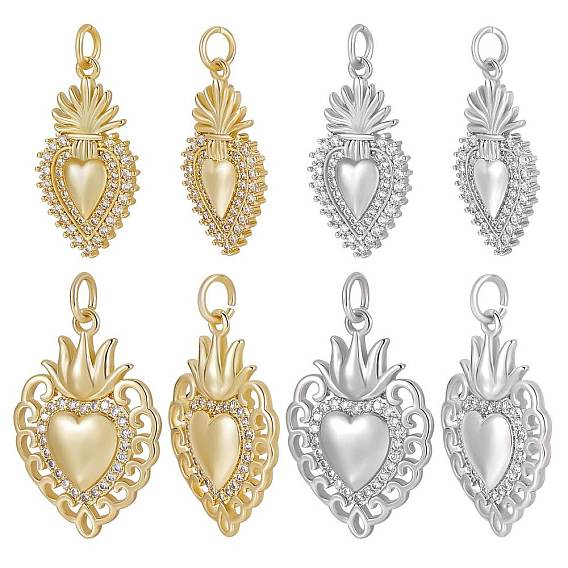 8 шт 4 стиль стойка покрытие латунь микро паве кубический цирконий подвески, очарование священного сердца, долговечный, с прыжковых колец, без кадмия и без свинца