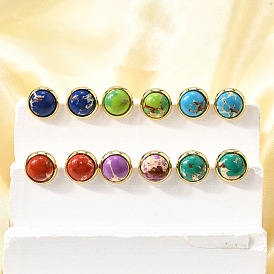 Латунные полукруглые серьги-гвоздики, с натуральным окрашенным регалитом, императорской яшмой и яшмой с морским осадком, без свинца и без кадмия, долговечный, стойки покрытие