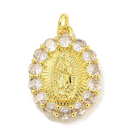 Rack Plating Brass Micro Pave Cubic Zirconia Pendants, Cadmium Free & Lead Free, Long-Lasting Plated, Oval with Virgin Mary Pattern