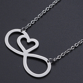 201 Stainless Steel Pendant Necklaces, with Cable Chains and Lobster Claw Clasps, Infinity with Heart