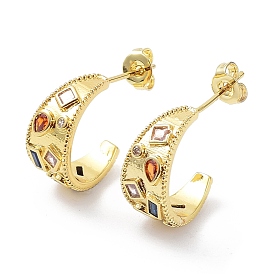 Colorful Cubic Zirconia Crescent Moon Stud Earrings, Rack Plating Brass Earrings, Cadmium Free & Lead Free