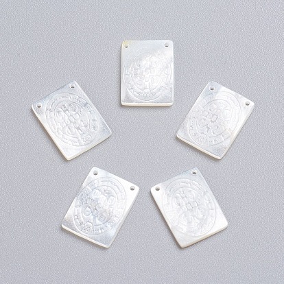 Natural White Shell Mother of Pearl Shell Pendants, Rectangle with Saint Benedict Medal