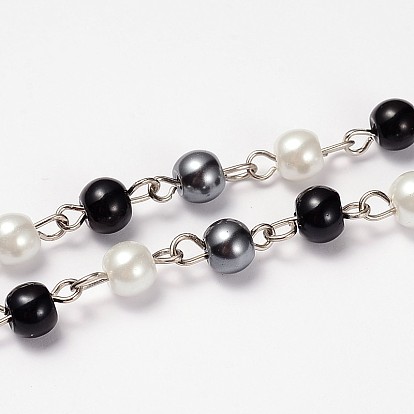 Glass Pearl Round Beads Handmade Chains for Necklaces Bracelets Making, with Iron Eye Pin, Unwelded, 39.3 inch