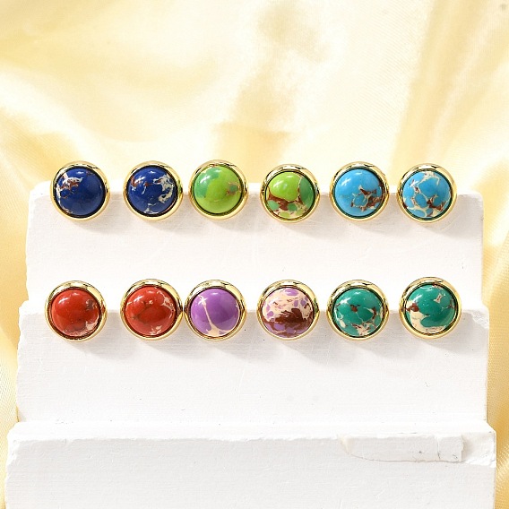 Латунные полукруглые серьги-гвоздики, с натуральным окрашенным регалитом, императорской яшмой и яшмой с морским осадком, без свинца и без кадмия, долговечный, стойки покрытие