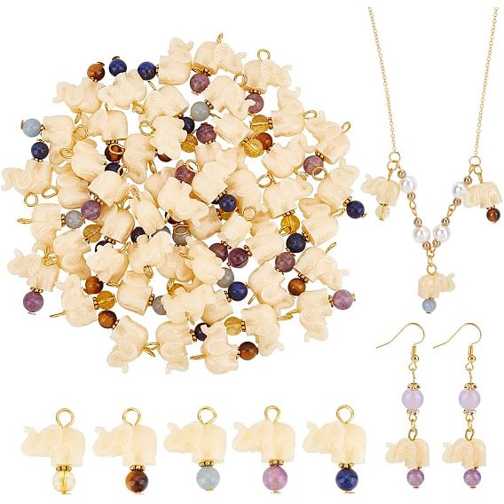 50 шт. подвески из непрозрачной смолы и натурального камня, с фурнитурой железной и сплавочной, шарм слона с круглым