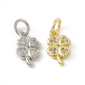 Brass Micro Pave Cubic Zirconia Charms, with Jump Ring, Clover Charm