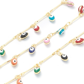 Light Gold Brass Bar Link Chain, with Enamel Evil Eye Charms, Long-Lasting Plated, with Spool, Soldered