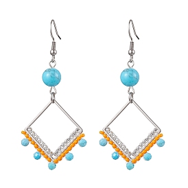201 Stainless Steel Linking Ring Dangle Earring, Natural & Synthetic Gemstone and Glass Beads, Rhombus