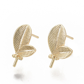 Brass Stud Earring Findings, with Loop, Leaf, Nickel Free, Real 18K Gold Plated