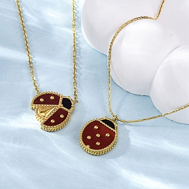 304 Женские ожерелья с подвеской в виде божьей коровки из нержавеющей стали темно-красной эмали, ионное покрытие (ip)