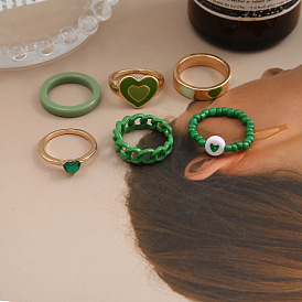 Sparkling Green Acrylic Resin Ring Set with Oil Drop Zirconia Hearts - 6 Piece Love Collection
