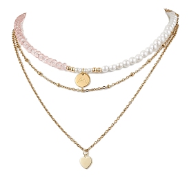 Shell Pearl Necklaces, with Glass Beads and 304 Stainless Steel Cable Chain Necklaces, 3 Layer Necklaces