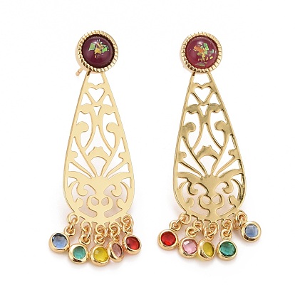 Rack Plating Brass Filigree Teardrop Dangle Stud Earrings, Colorful Glass Drop Earrings for Women, Cadmium Free & Lead Free & Nickle Free