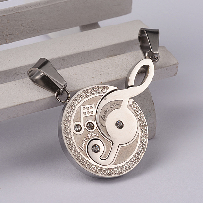 Музыкальная нота скрипичный из нержавеющей стали 304 горный хрусталь ключ сплит подвески, 39x28x3 мм, отверстие : 5x9 мм