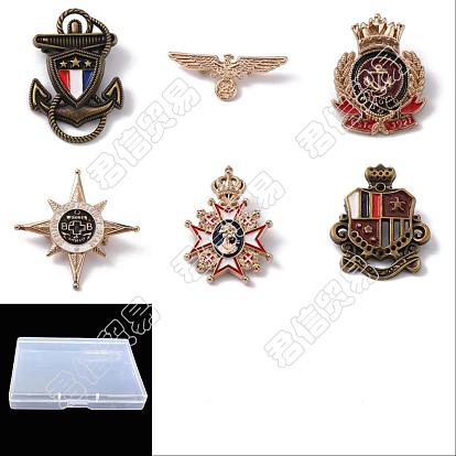 6pcs 6 style ancre, aigle, couronne et étoile épingles en émail, médaille d'insigne en alliage de zinc pour hommes