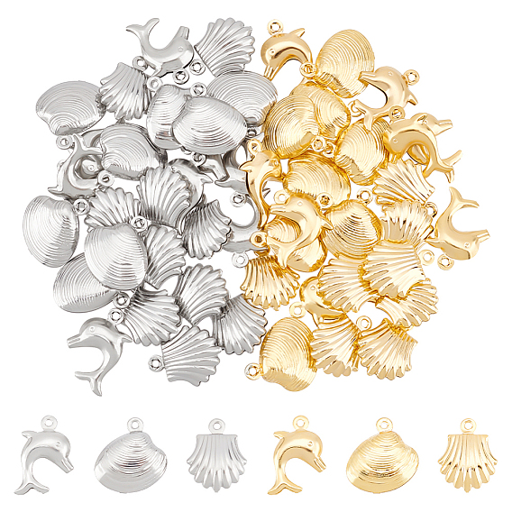 48 шт 6 стиль 304 подвески из нержавеющей стали, формы ракушек и дельфин