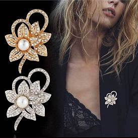 Броши со стразами из цинкового сплава, с пластиковой имитационной жемчужиной, цветок