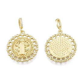 Brass Micro Pave Clear Cubic Zirconia Pendants, Flat Round with Saint Benedict Medal