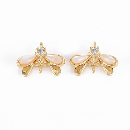Brass Micro Pave Clear Cubic Zirconia Peg Bails Charms, with Freshwater Shell, for Half Drilled Bead, Nickel Free, Bees