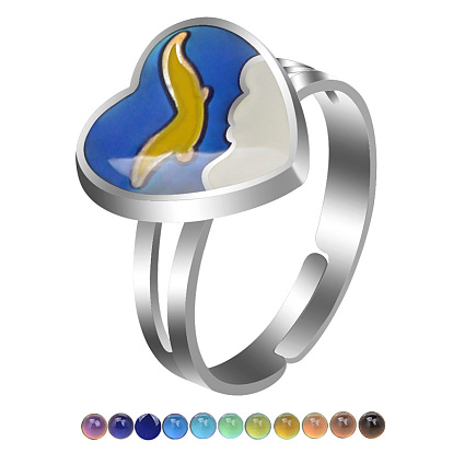 Enamel Heart with Eagle Mood Ring, Temperature Change Color Emotion Feeling Alloy Adjustable Ring for Women