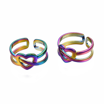 Anillos de puño de corazón abierto, anillos huecos abiertos, color del arcoíris 304 anillos de acero inoxidable para mujer