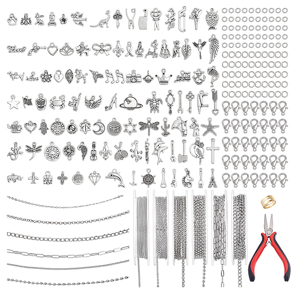 DIY Jewelry Making Kits, Including Brass Rings, Pliers, Lobster Claw Clasps and Brass Cable Chains