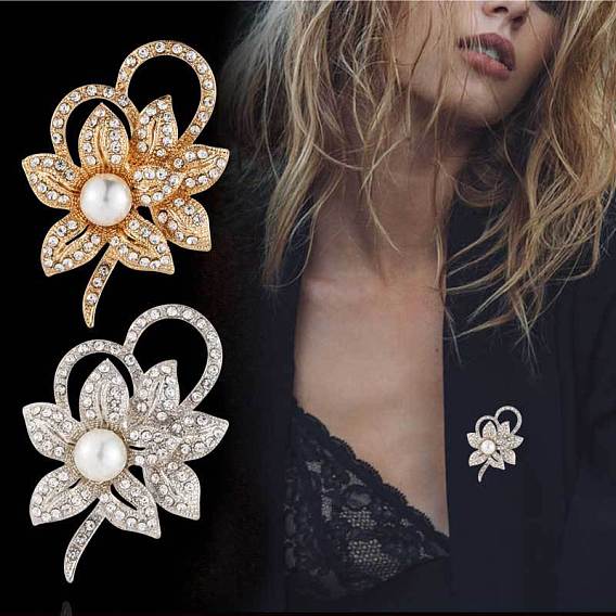 Броши со стразами из цинкового сплава, с пластиковой имитационной жемчужиной, цветок