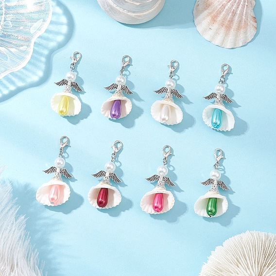 Абс пластик имитация жемчуга подвеска docorations, с застежками-карабинами из цинкового сплава и ракушкой, ангел, платина