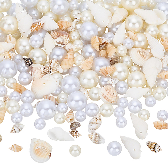 220pcs 6 styles perles d'imitation en plastique, ronde, avec 120 pièces de perles de coquillage