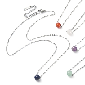 Natural Gemstone Round Bead Pendant Necklaces, Stainless Steel Cable Chain Necklace, for Women
