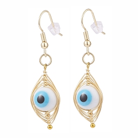 Round Lampwork Evil Eye Braided Dangle Earrings, Brass Wire Wrap Jewelry for Women, Golden