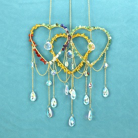 Natural Gemstone Wrapped Heart Hanging Ornaments, Teardrop Glass Tassel Suncatchers for Home Outdoor Decoration