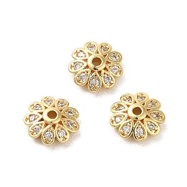 Rack Plating Brass Micro Pave Clear Cubic Zirconia Bead Caps, Flower, Long-Lasting Plated