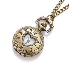 Alloy Flat Round with Heart Pendant Necklace Quartz Pocket Watch, with Iron Chains and Lobster Claw Clasps, 31.1 inch, Watch Head: 36x27x11mm