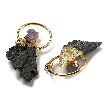 Natural Black Tourmaline & Amethyst Big Pendants, Wing Charms with Golden Tone Brass Rings
