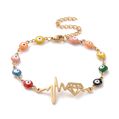 Вакуумное покрытие pvd 304 браслет из нержавеющей стали с сердцебиением и бриллиантовыми звеньями, красочный эмалевый браслет с цепями от сглаза для женщин