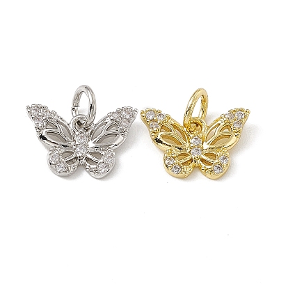 Brass Micro Pave Cubic Zirconia Charms, with Jump Rings, Butterfly Charms