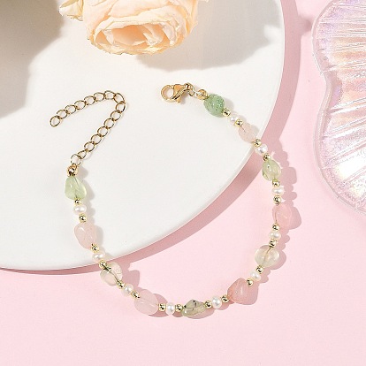Pulseras de cuentas de cuarzo rosa natural, prehnita y perlas de agua dulce., pepitas
