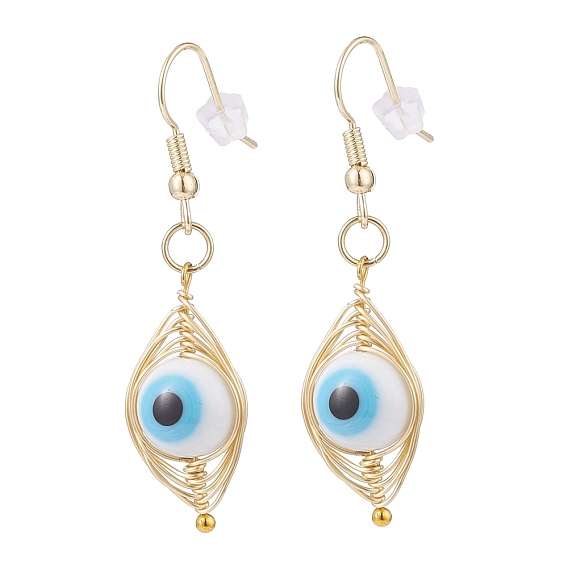 Round Lampwork Evil Eye Braided Dangle Earrings, Brass Wire Wrap Jewelry for Women, Golden
